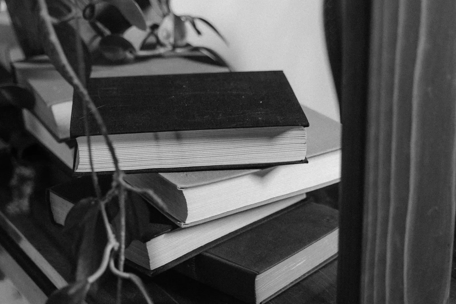 Pila de libros en blanco y negro junto a una planta